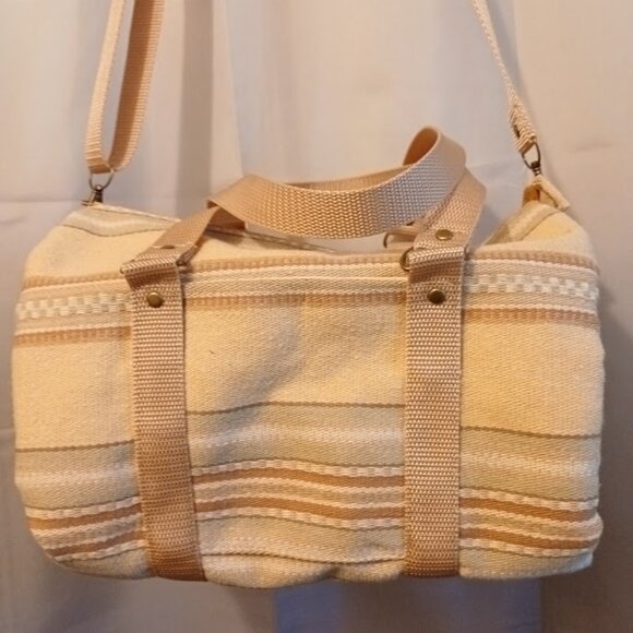 New Canvas Upholstery Mini Duffle Travel Bag Tan Sage embroidered Shoulder Cross - Picture 3 of 13